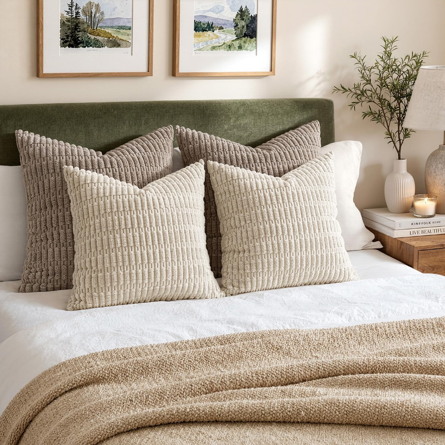 Miulee Pack Of 2 Corduroy Decorative Throw Pillow Covers 18X18 Inch Soft Boho Striped Pillow Covers Modern Farmhouse Home Decor For Sofa Living Room Couch Bed Cream White