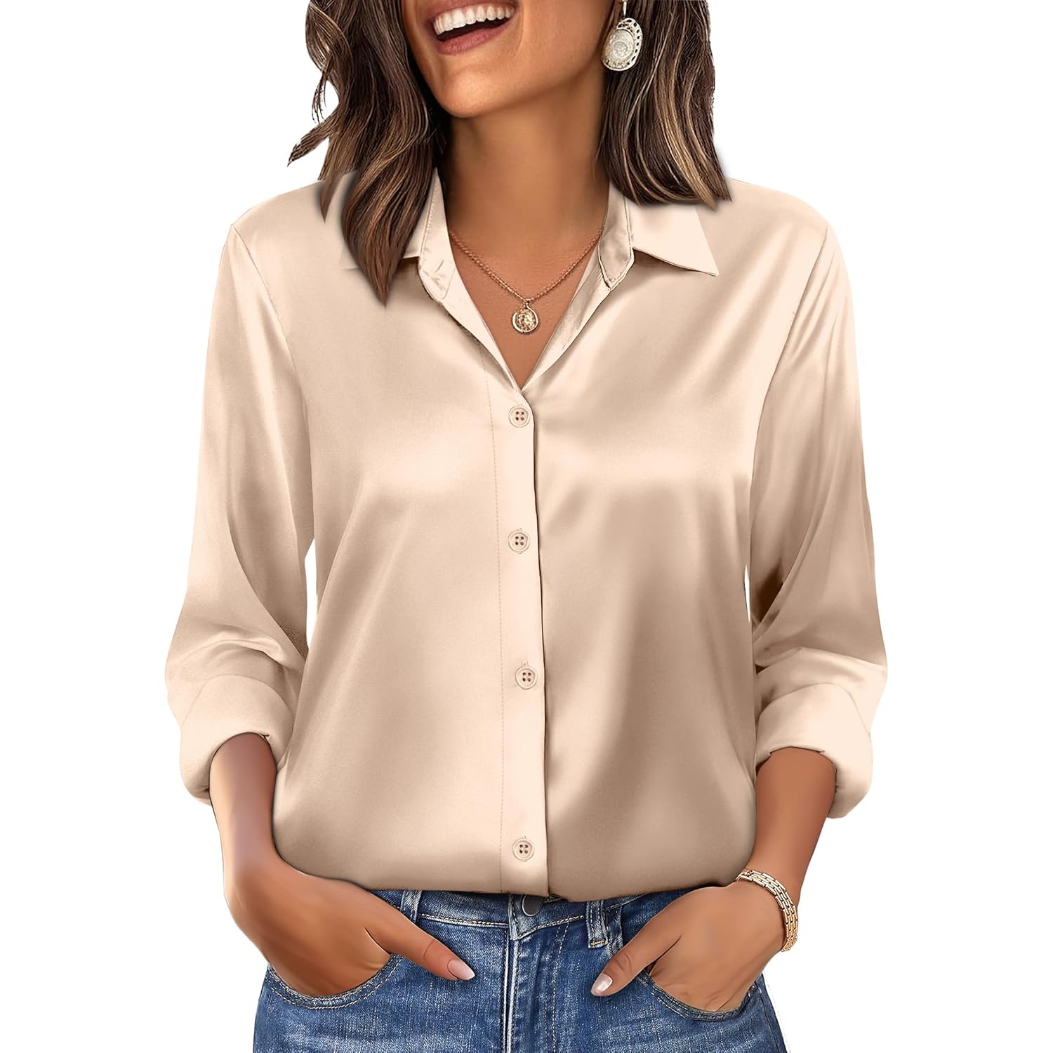 Womens Button Down Shirts Long Sleeve Tops Silk Satin Blouses Business Casual Fashion Outfit