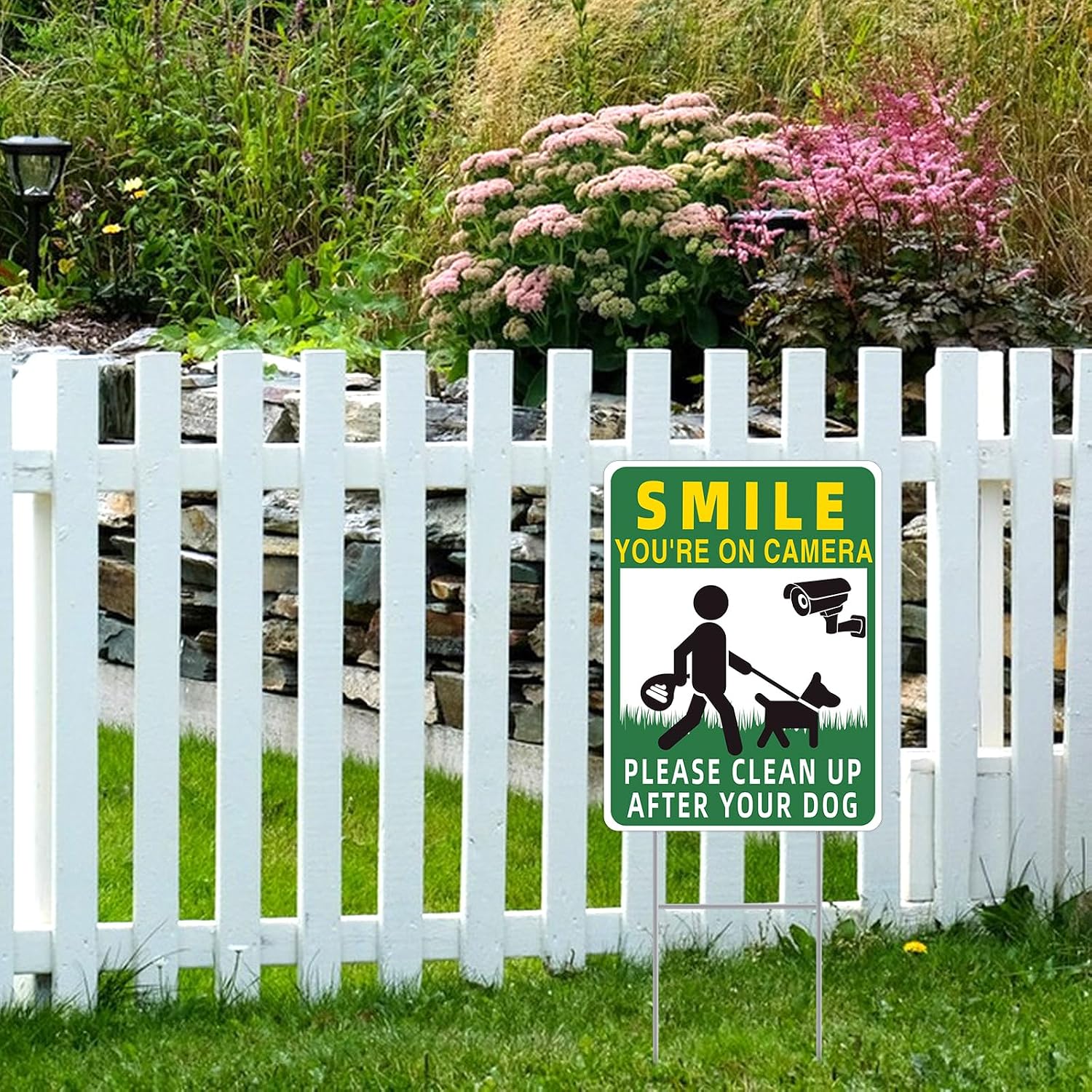 Clean Up After Your Dog Signs, 2-Pack 13"X10" Double-Sided H-Stake Metal Stakes Smile Your On Camera Signs, No Pooping Dog Signs For Yard, Pick Up After Your Dog Sign