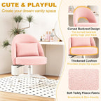 Misolant Vanity Chair With Back, Armless Cute Office Chair With Wheels For Girls, Teddy Fleece Fabric Small Desk Chairs With Adjustable Height, Lumbar Support Pillow, 360°Swivel For Makeup Room, Pink