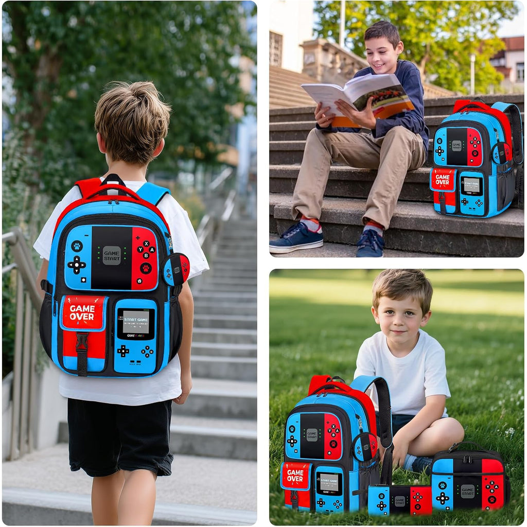 Gamer Backpack For Boys, 4Pcs Gaming Boys Backpack With Lunch Box And Pencil Case For Kids, Video Gamer School Bags