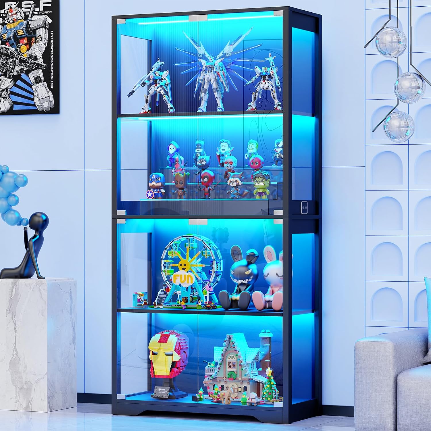 Brottar Display Cabinet With Glass Doors, 4-Tier Curio Cabinet With 3 Color Lights For Collectibles, Glass Display Case With Human Body Sensor, Bookcase With 4 Shelves, Storage Cabinets, Black