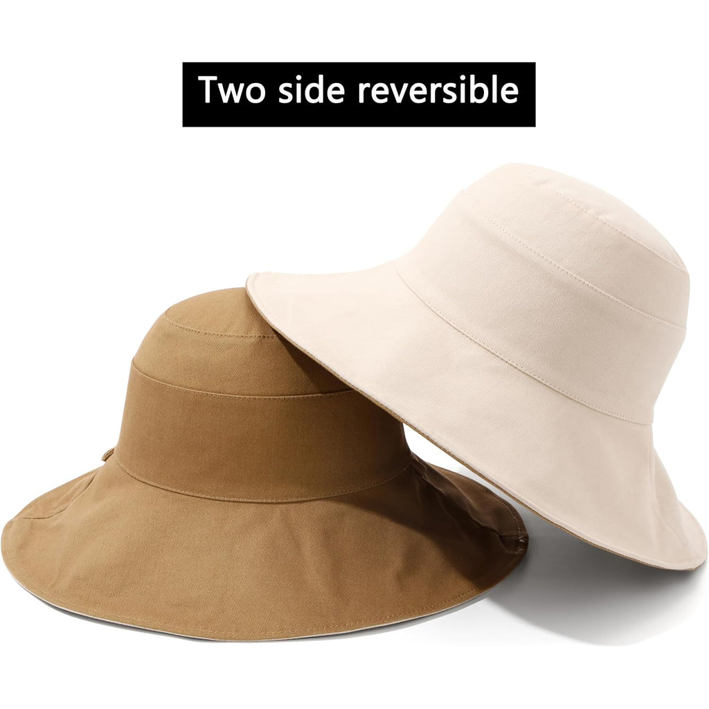 Womens Foldable Shapeable Brim Sun Hat UPF 50+ Cotton Wide Brim Beach Adjustable Chin Strap Hat Sun Protection Cap Beige