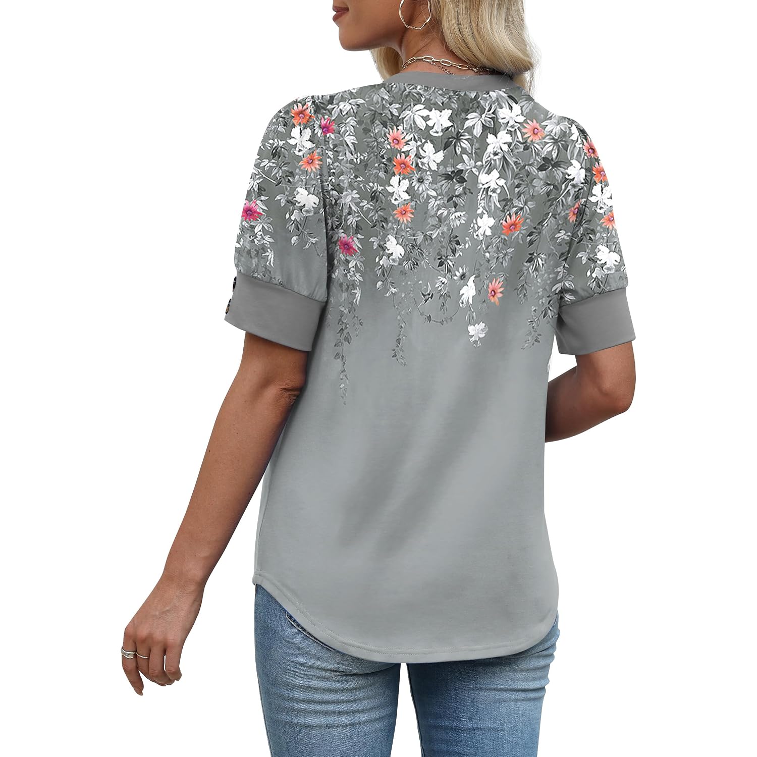 Ofeefan Womens Tops Short Sleeve Shirts Buttons V Neck Spring Fashion Summer Outfits Plus Size Blouses Dressy Casual