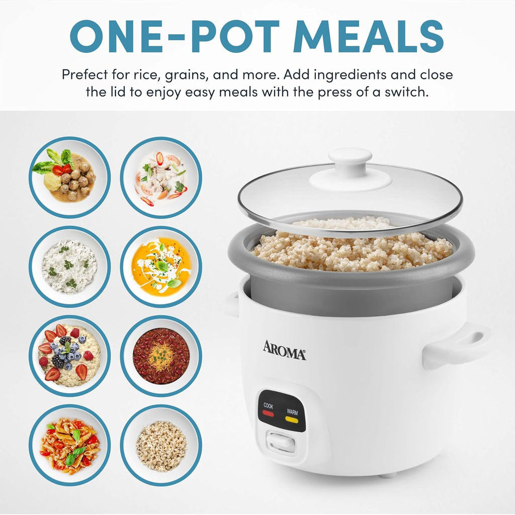 Aroma Rice Cooker, 3-Cup (Uncooked) / 6-Cup (Cooked), Small Rice Cooker, Oatmeal Cooker, Soup Maker, Auto Keep Warm, 1.5 Qt, White, Arc-393Ng