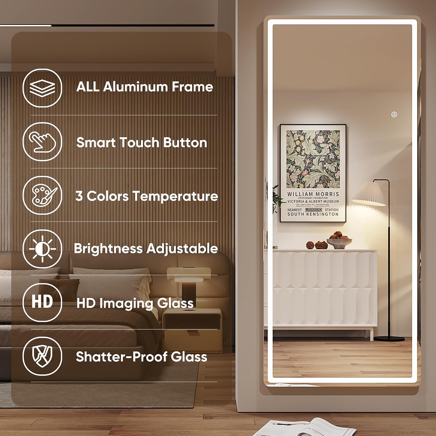 Antok Led Full Length Mirror With Light, 71"X28" Lighted Full Body Mirror With Stand, Dimmable & 3 Color Lighting Standing/Leaning/Wall Mounted Vanity Mirror For Bedroom Cloakroom Livingroom(Rect)