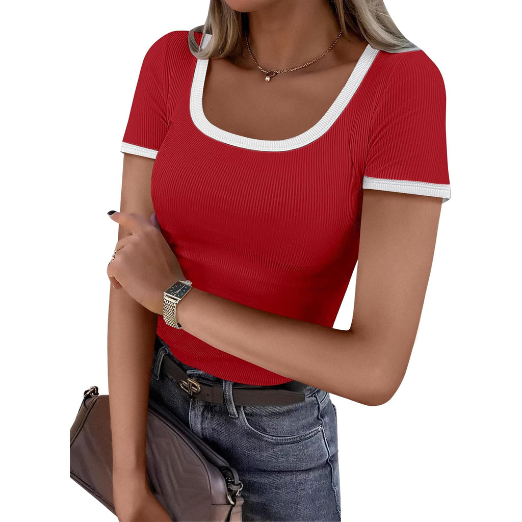 Anrabess Women Short Sleeve Tops Square Neck Ribbed Knit Color Block T Shirts Fitted Casual Summer 2026 Trendy Basic Tees