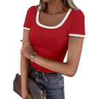 Anrabess Women Short Sleeve Tops Square Neck Ribbed Knit Color Block T Shirts Fitted Casual Summer 2026 Trendy Basic Tees