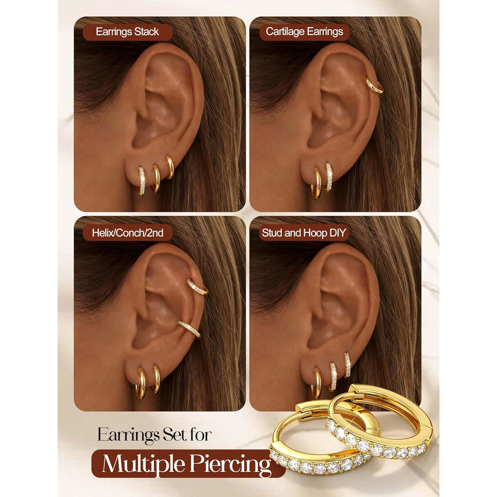 Tungary Small Gold Hoop Earrings for Women, Hypoallergenic Huggie Earrings for Sensitive Ears, Non Tarnish 14K Gold Plated Hoops for Sleeping/Daily, Cartilage Earring Stacks Set for Multiple Piercing