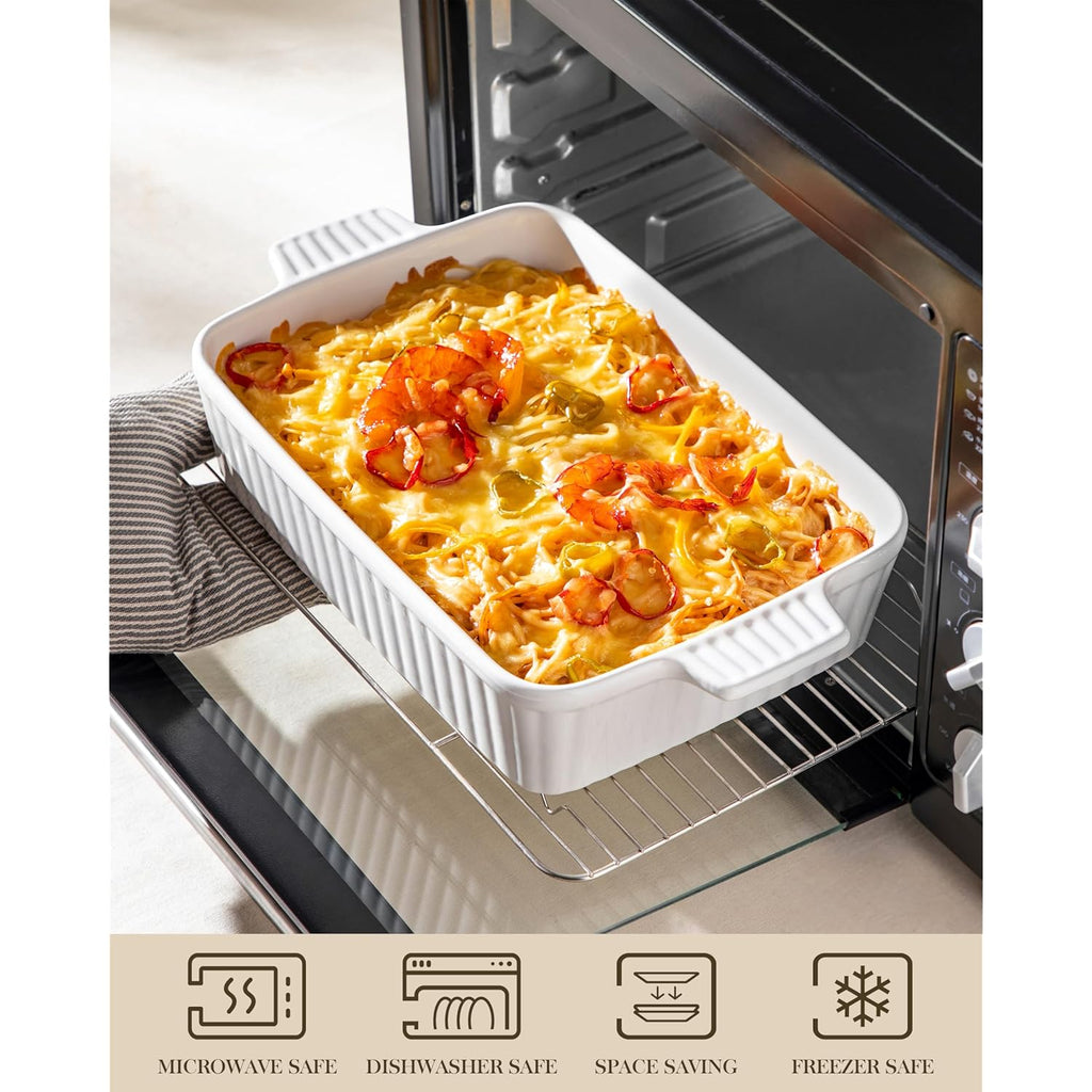 MALACASA 4.4 QT Baking Dish, 9x13 Large Casserole Dish for Oven, Ceramic Baking Pan, Rectangular Lasagna Pan Deep with Handles for Baking, Durable Microwave Oven Safe, Wedding Gift,White, Series BAKE-BAKE