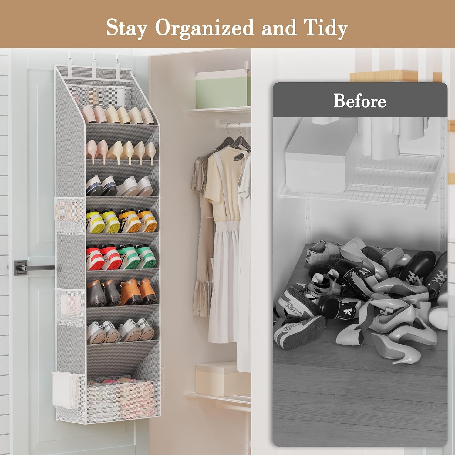 Shoe Organizer, Over The Door Shoe Organizer, Hanging Closet Shoe Storage With Large Deep Pockets, Fits 16–24 Pairs Of Sneakers, Sandals, Boots, Gray