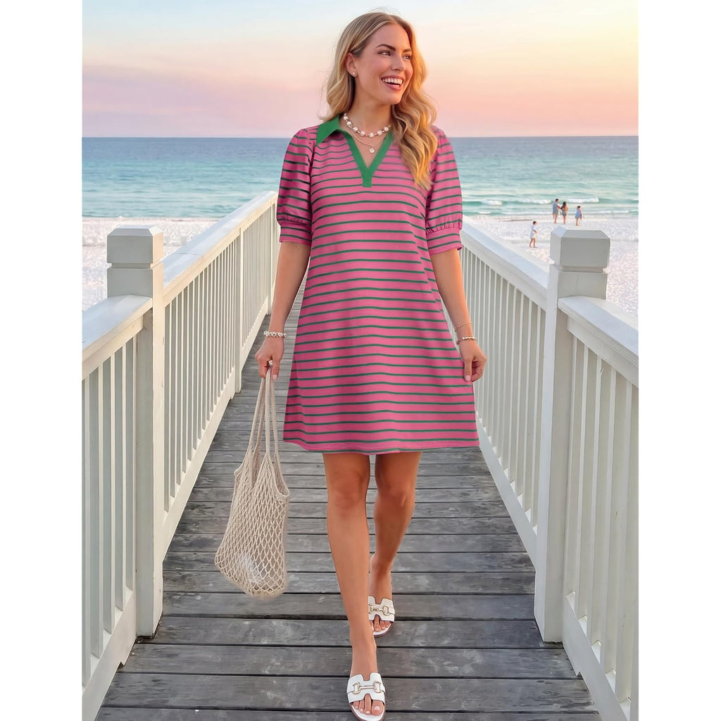 Zesica Womens Summer Striped T Shirt Mini Dresses 2026 Casual Lapel V Neck Short Sleeve Flowy A Line Beach Vacation Dress