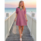 Zesica Womens Summer Striped T Shirt Mini Dresses 2026 Casual Lapel V Neck Short Sleeve Flowy A Line Beach Vacation Dress