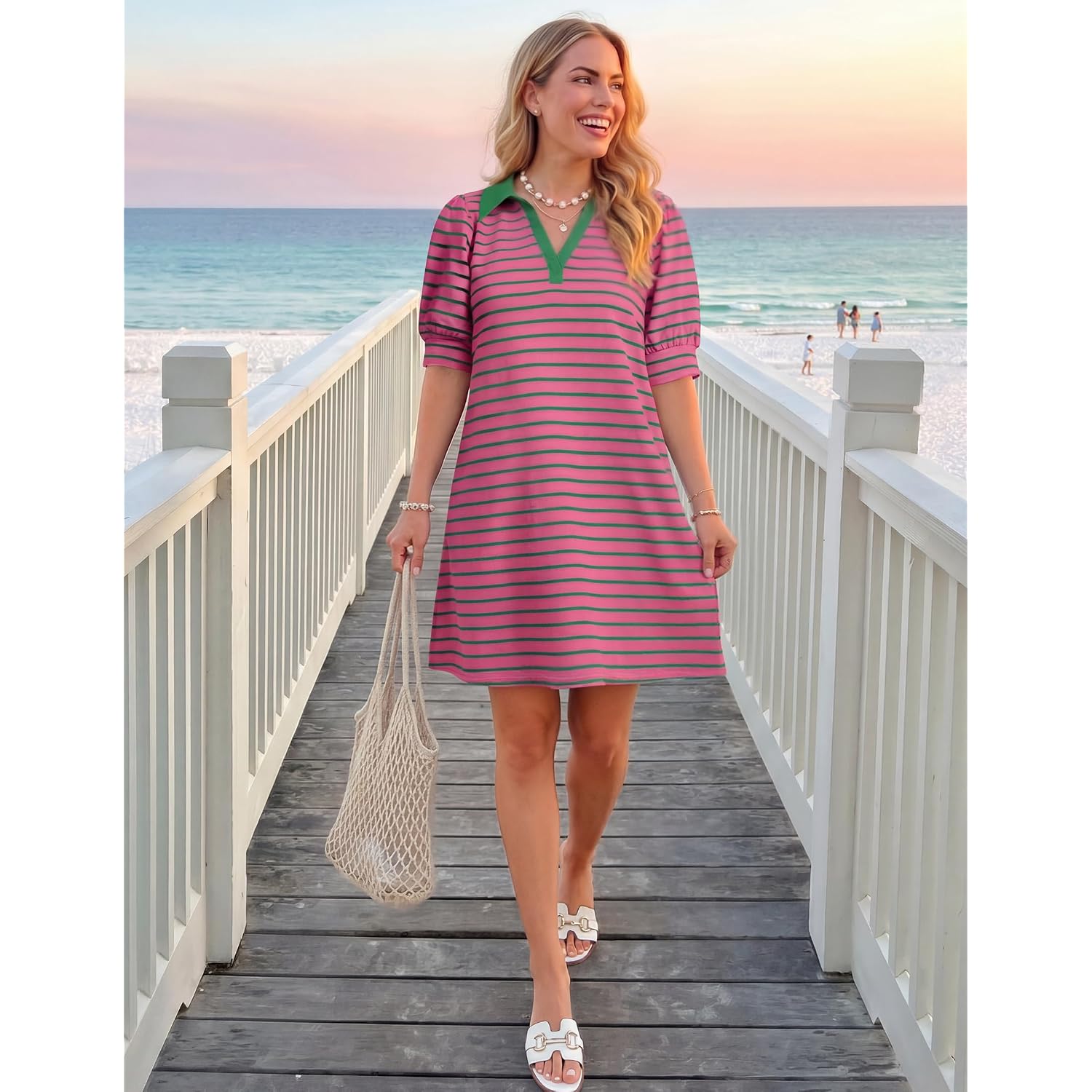 Zesica Womens Summer Striped T Shirt Mini Dresses 2026 Casual Lapel V Neck Short Sleeve Flowy A Line Beach Vacation Dress