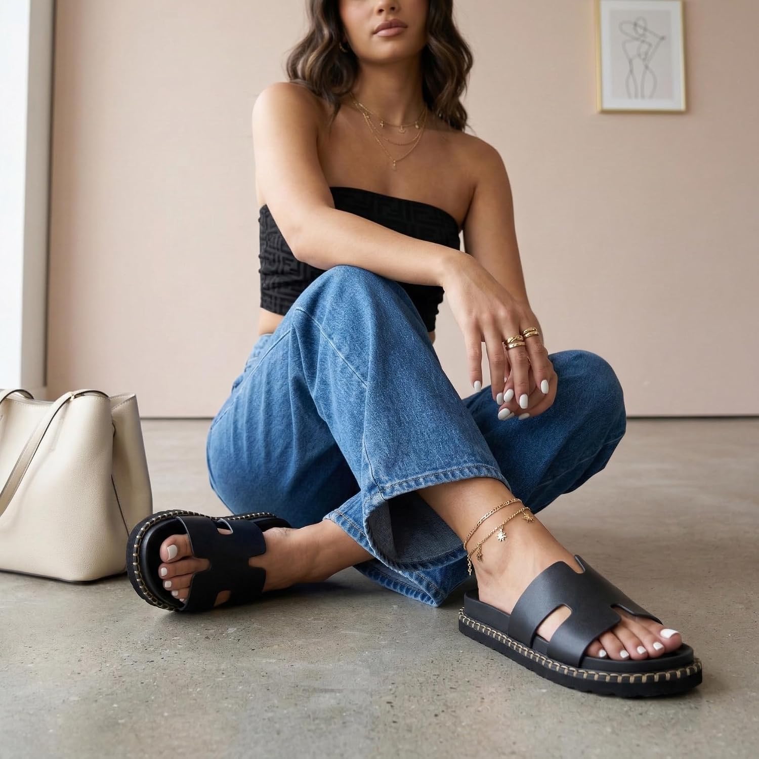 Cushionaire Crisp Women’S Slide Sandal – Faux Leather Cutout Slip-On With Artisan Stitching & Memory Foam, Wide Widths Available