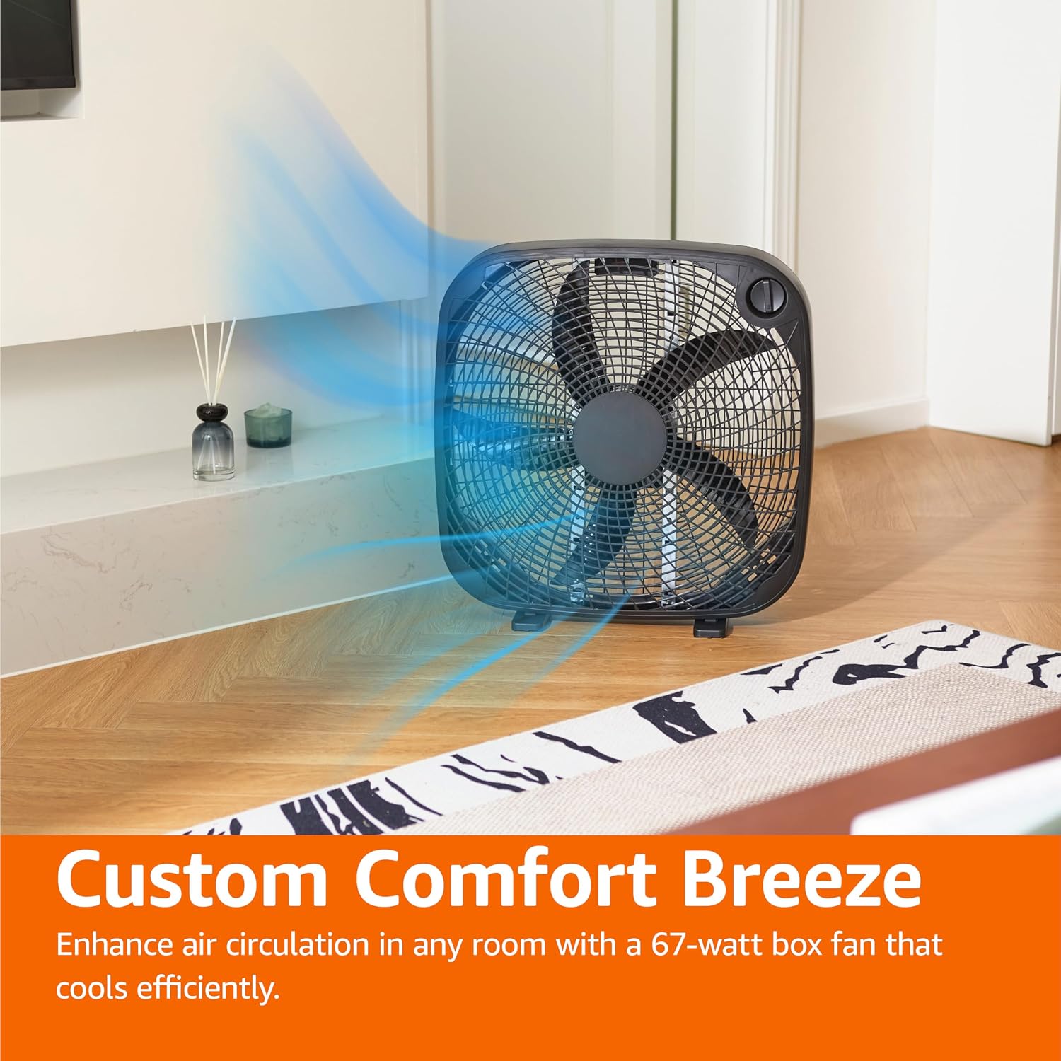 Amazon Basics 3-Speed Box Fan For Bedroom, Portable With Carry Handle, Powerful Airflow, 5 Blades, Lightweight Design, 67 Watts, 20-Inch, Black, 6.8"D X 20.86"W X 21.33"H