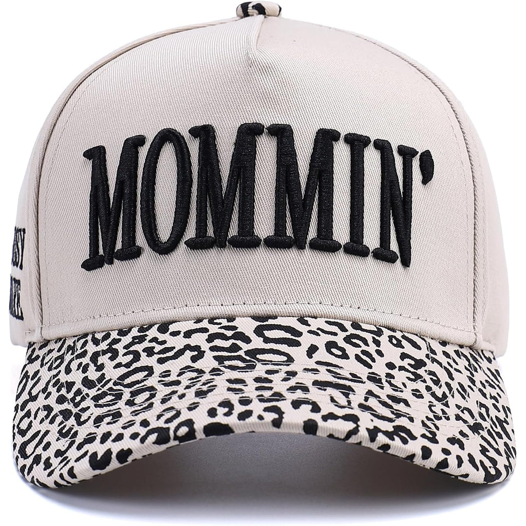 Vintage Two-Tone Trucker Hat Adjustable Baseball Cap with Mommin Embroidery Ponytail Fit Unisex Outdoor Casual Headwear Leopard-01