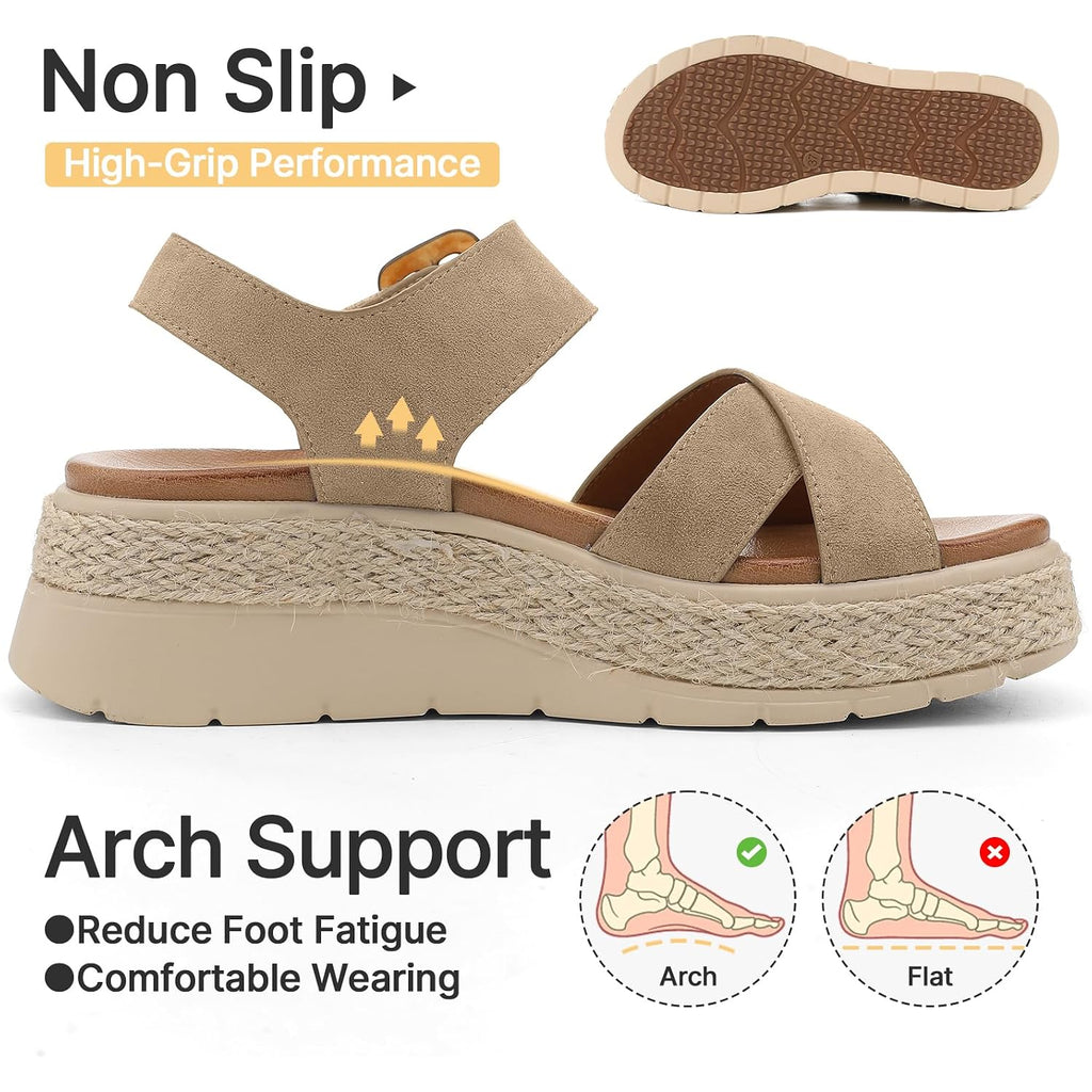 Ubfen Womens Espadrille Platform Sandals Low Wedge Heel - Orthopedic Arch Support, Cushion Insole, Comfortable Dressy Buckle Sandals For Walking And Vacation