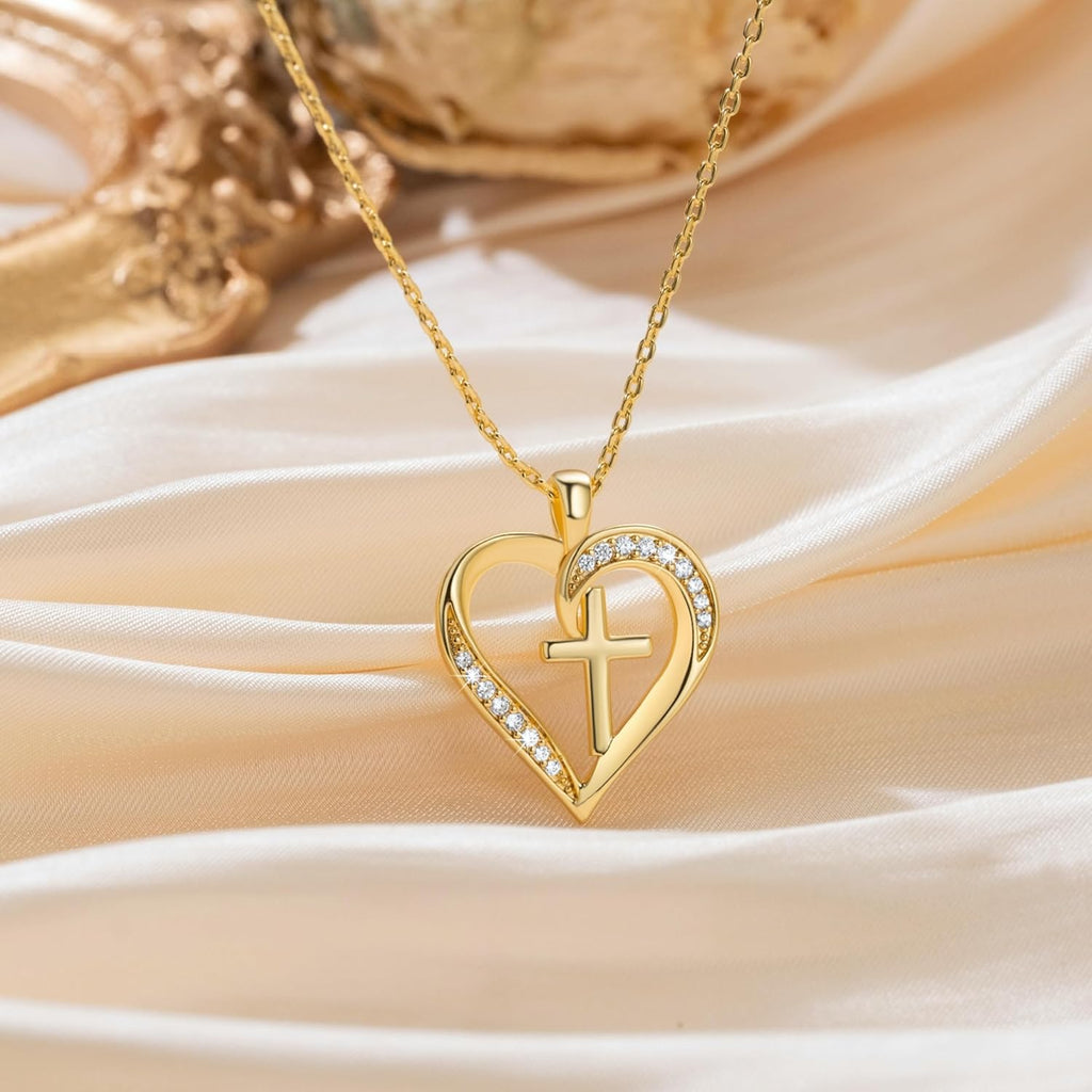 Cross Necklace for Women 14K Gold Cross Necklaces for Women Gold Heart Necklaces for Womens Crosses Chain Pendant Combine Classic Elements of Romantic and Faith Chain Crosses Heart Necklace for Womens 17.7+1.7in