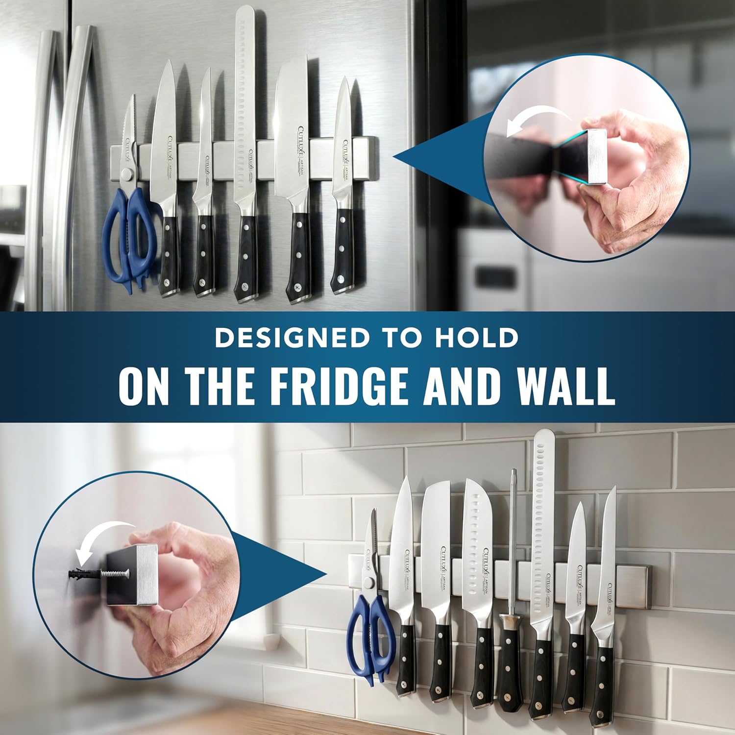 Cutluxe Magnetic Knife Holder for Wall and Fridge - 16" Stainless Steel Knife Magnetic Strip - Holds up to 15 Lbs, Easy to Mount, With Strong Magnets or Screws