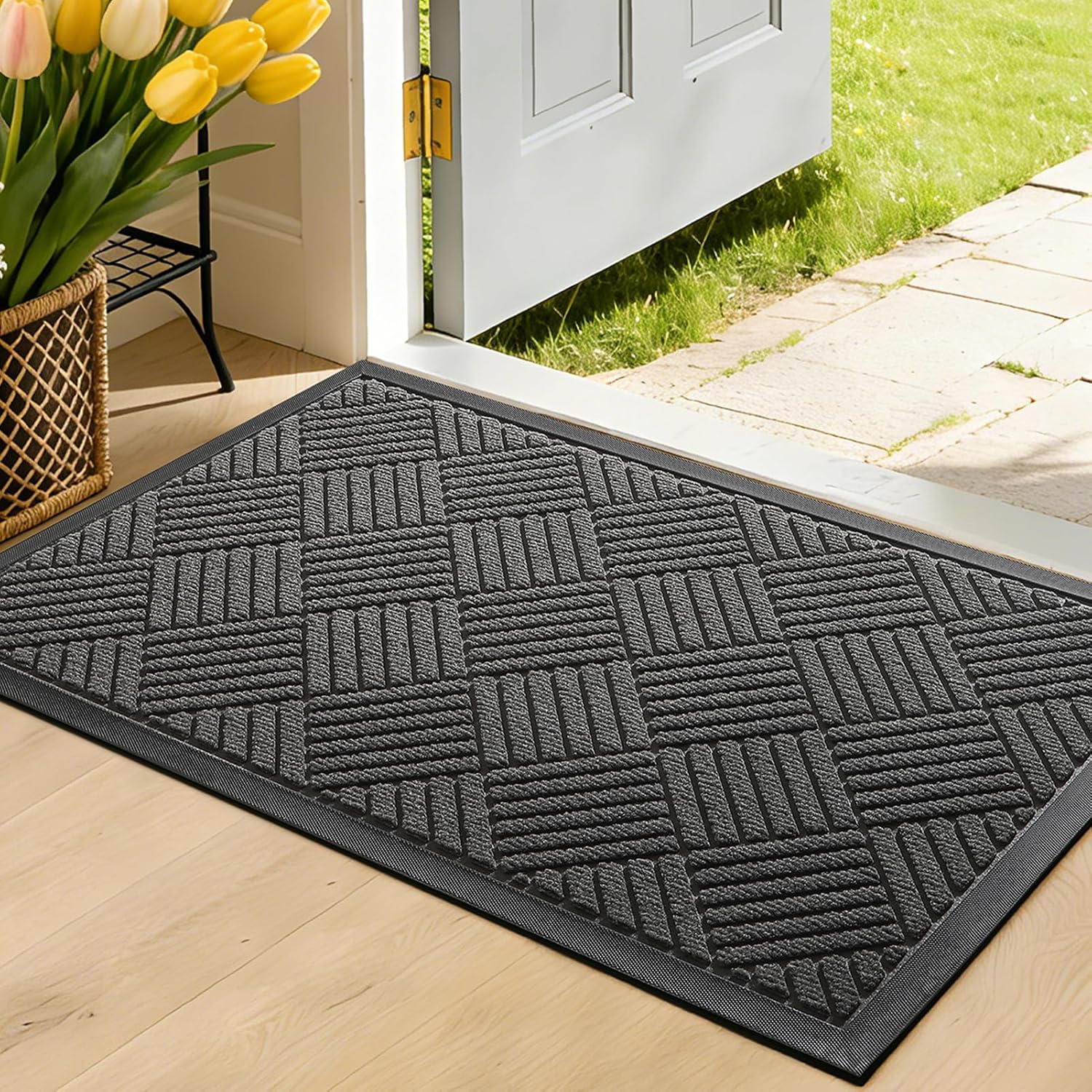 Front Door Mat, Heavy Duty Waterproof Doormat 29.5"X17", Grey | Indoor Outdoor Non-Slip Low Profile Dirt Trapper Absorbent Rubber Mat For Entryway, Stain Fade Resistant Easy Clean