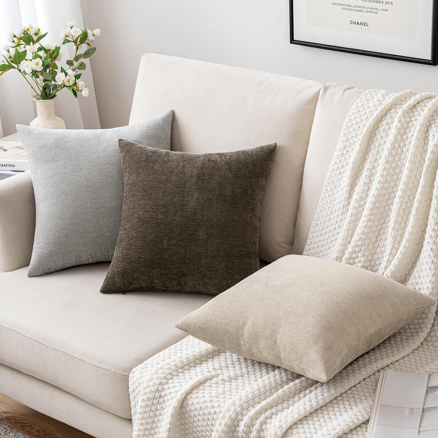 Miulee Pack Of 2 Beige Decorative Pillow Covers 18X18 Inch | Soft Chenille Couch Throw Pillows Farmhouse Cushion Covers For Home Decor Sofa Bedroom Living Room