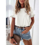 PRETTYGARDEN Women's Short Sleeve Casual T Shirts Summer Ruffle Plain Round Neck Loose Fit Tee Blouse Tops