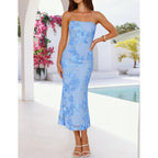 Zesica Cocktail Wedding Guest Dresses For Women 2026 Summer Strapless Floral Bodycon Mesh Tube Formal Party Midi Dress