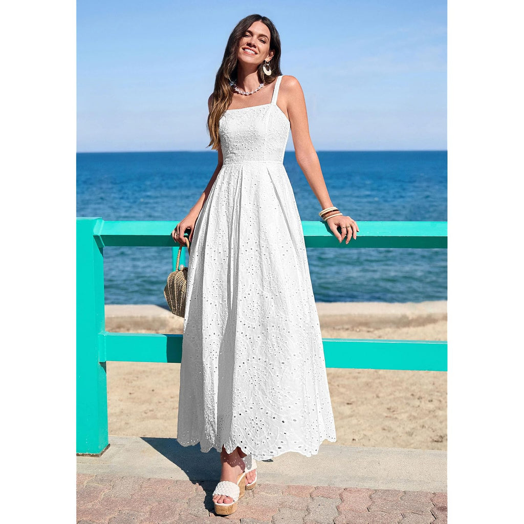 Prettygarden Womens Sleeveless Maxi Summer Dresses 2026 Hollow Out Eyelet Square Neck Ruffle Flowy Beach Vacation Sundress
