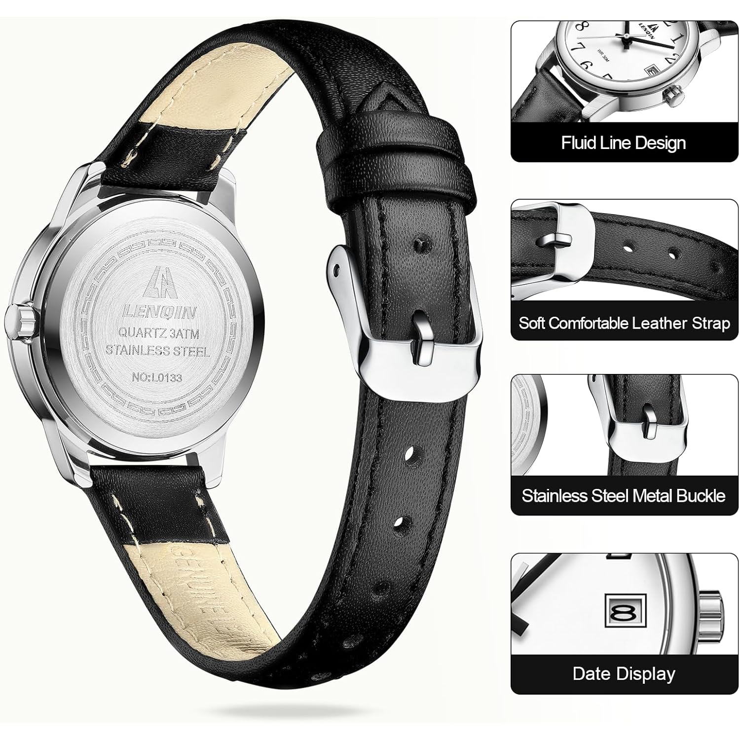 LN LENQIN Ladies Watches Analog Quartz Watch for Women Waterproof Women's Wrist Watches Easy Reader Womens Watch with Leather Strap