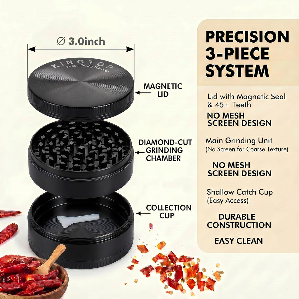 Kingtop Grinder, Large 3" Zinc Alloy Spice Grinder (Black)