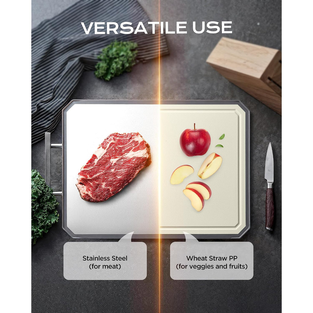 Snowclad Stainless Steel Cutting Board,Non Toxic Chopping For Kitchen | Metal Cutting Board,Double Sided Stainless Steel/Wheat Straw Pp Large For Meat,Dishwasher Safe [16*11Inch]