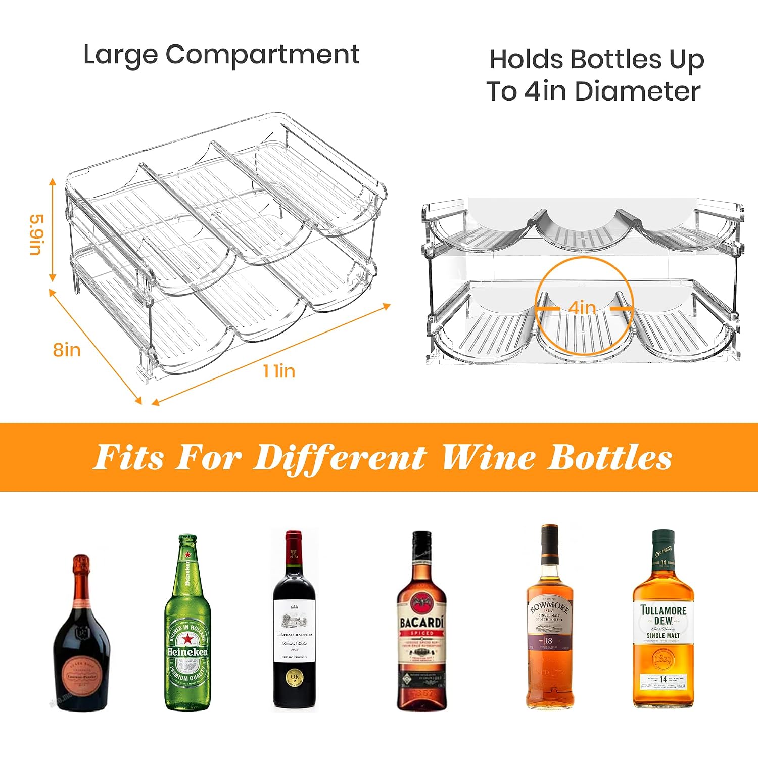 Plastic Stackable Wine Rack For Refrigerator, 2 Tier Large Capacity Water Bottle Organizer For Cabinet, Free-Standing Water Bottle Storage Rack For Fridge, Countertop, Pantry, Freezer, Hold 6 Bottles