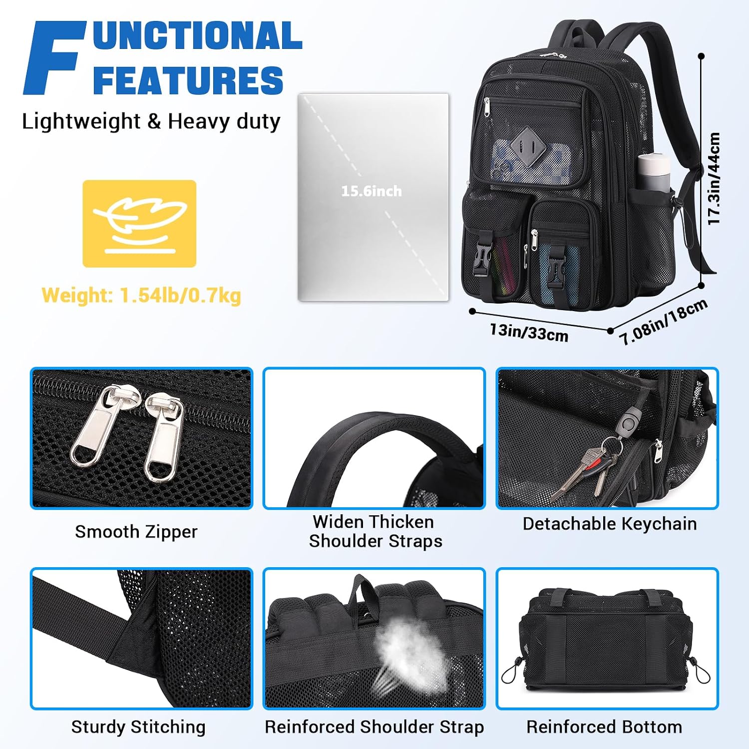 Mesh Backpack For School Heavy Duty See Through Net Bookbag Girls Boys Semi-Transparent Net Back Pack For Beach, Swimming, Sports, Work, Travel (Black)