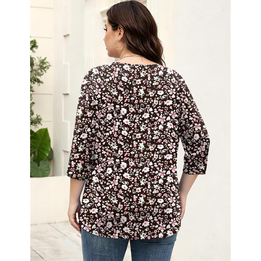 Rapbin Womens Plus Size Tops 3/4 Sleeve Shirts Summer Cut Out Ring Keyhole Neck Dressy Casual Loose Tunic Tops 1X-5X
