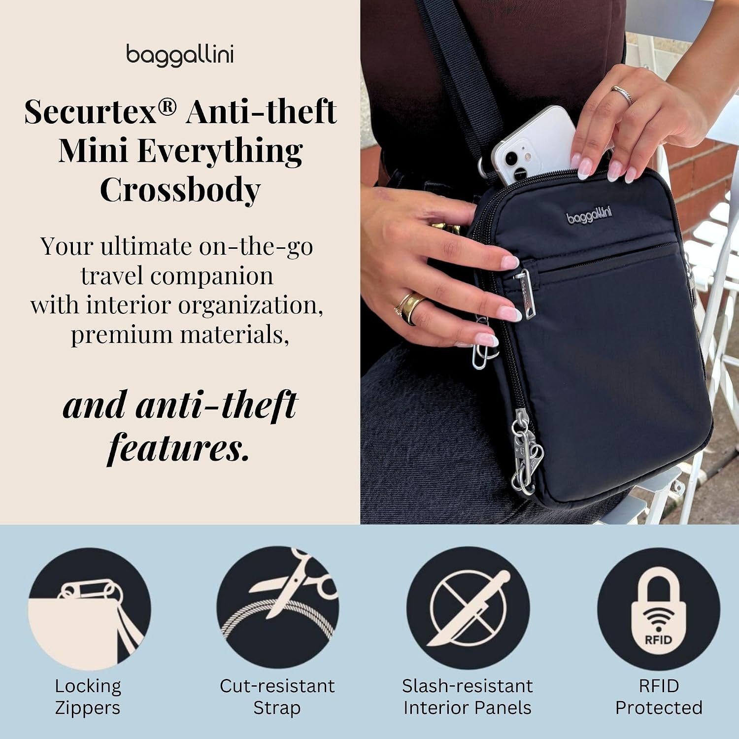 Baggallini Securtex® Anti-Theft Mini Everything Crossbody Bag, 6.3"X8.25" Rfid, Locking Zippers & Cut-Resistant Strap