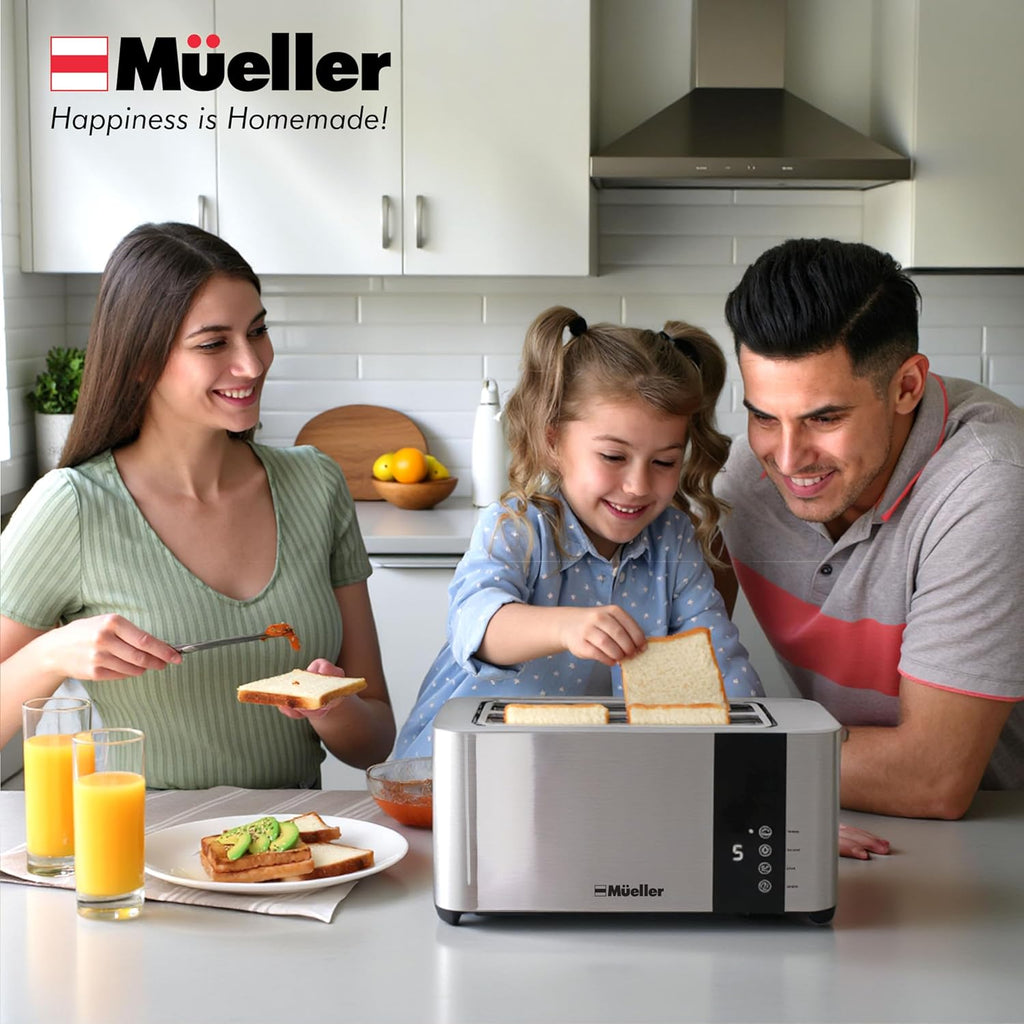 Mueller UltraToast Stainless Steel Toaster 4 Slice – Extra-Wide 1.6" Slots for Artisan Bread, Bagels & Frozen Waffles, 6 Browning Levels, LED Display, Cancel/Defrost/Reheat, Removable Crumb Tray
