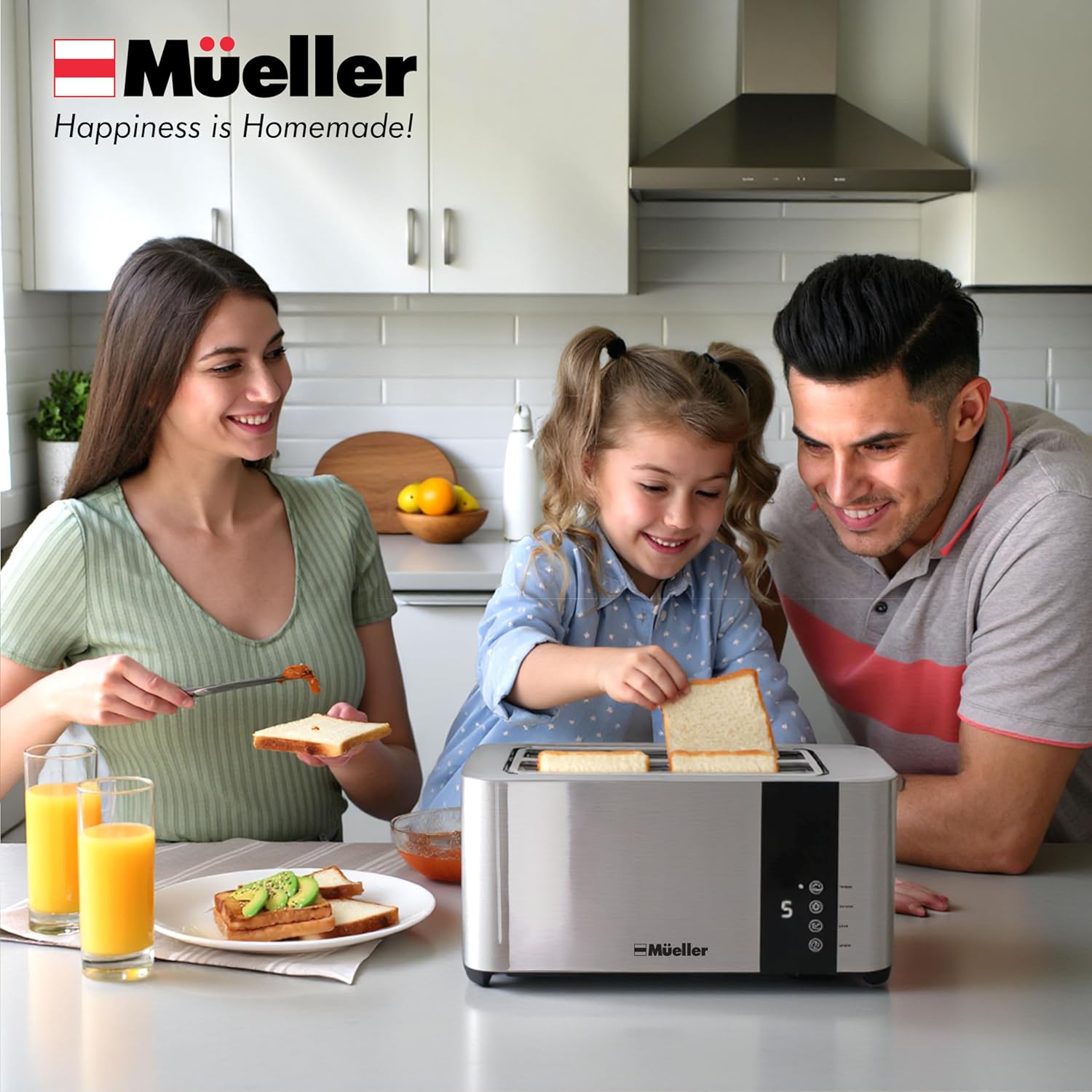 Mueller UltraToast Stainless Steel Toaster 4 Slice – Extra-Wide 1.6" Slots for Artisan Bread, Bagels & Frozen Waffles, 6 Browning Levels, LED Display, Cancel/Defrost/Reheat, Removable Crumb Tray