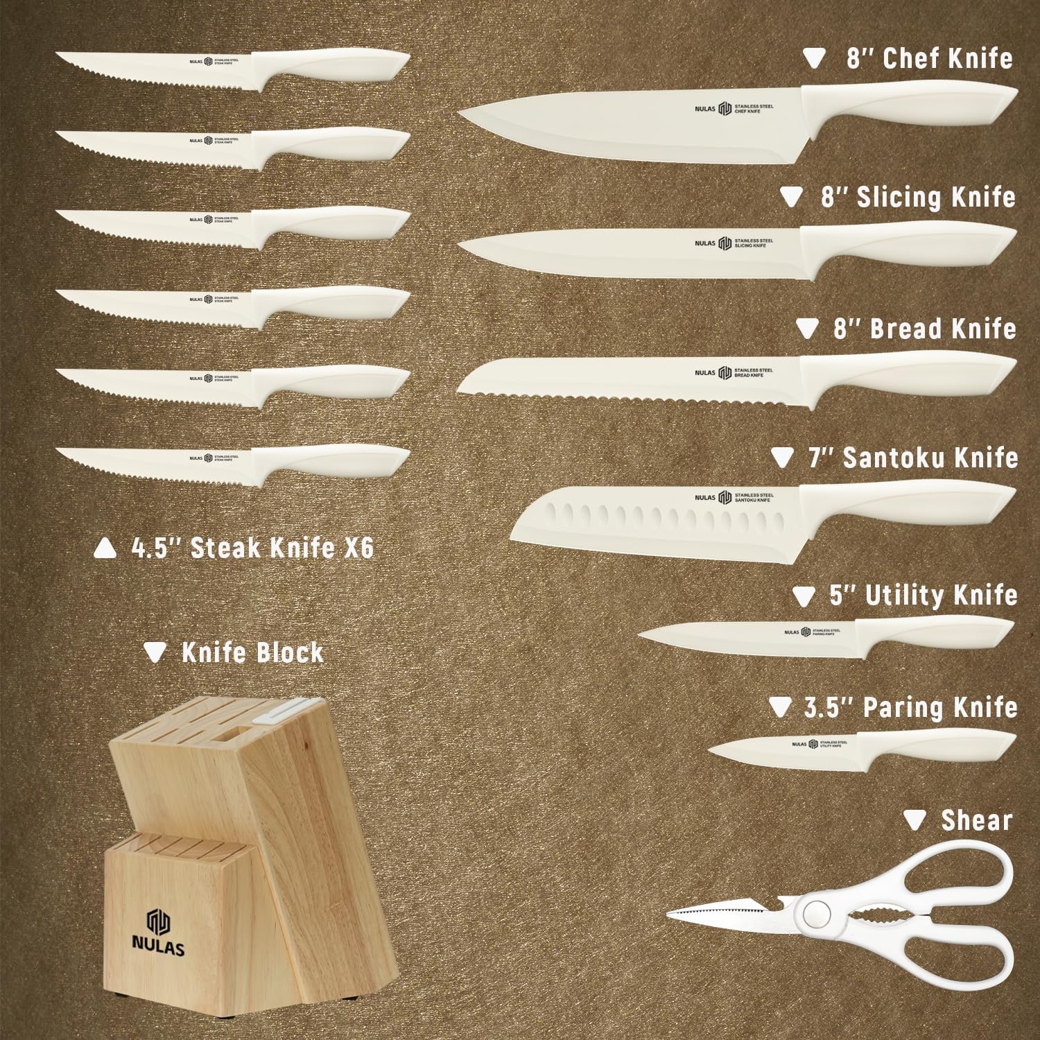 15-Piece Kitchen Knife Set With Block And Built-In Sharpener, Cream | High-Carbon Stainless Steel Blades, Nonstick Coating, Ergonomic Handles And Dishwasher-Safe Care