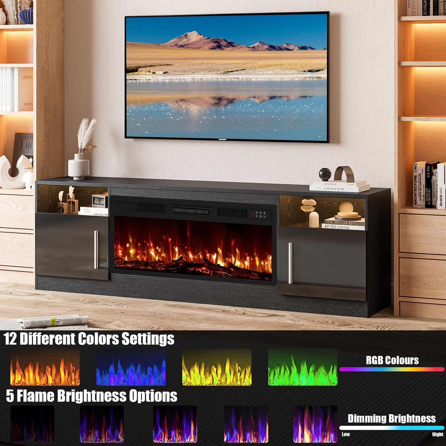 Vitesse Fireplace With Tv Stand 36" Inch Electric Fireplace Up To 80" Tvs, Led Light Entertainment Center, 70" Modern Wood High Gloss With Highlight Storage Cabinet For Living Room (Black)