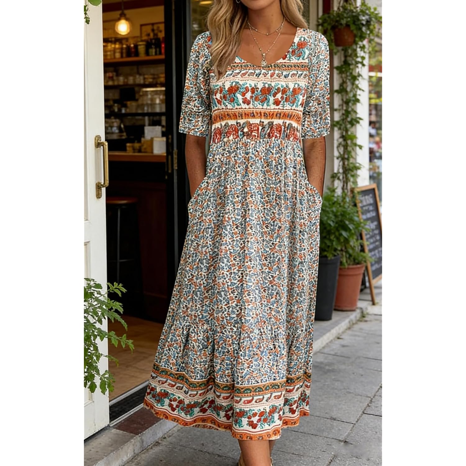 Kubsid Womens Boho Dress Summer Casual 2026 Short Sleeve Loose Fit Floral Maxi Dress Flowy Beach Vintage Sundress