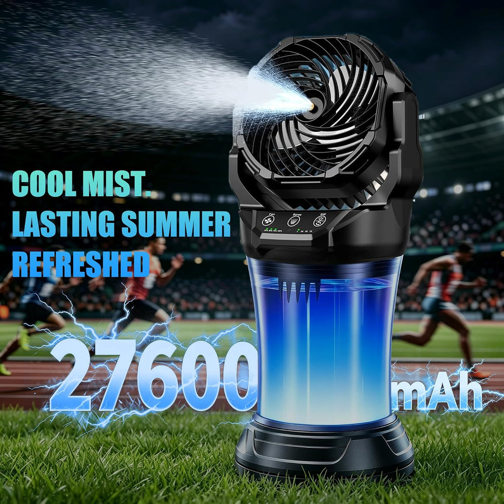 Misting Fan Portable, 27600Mah Battery Powered Fan, 2L Portable Mister Fan With 4 Wind Speeds, Timer Function, Rgb Ambient Light, 120° Auto Oscillation & Grip Handle For Camping Beach Patio( Black)