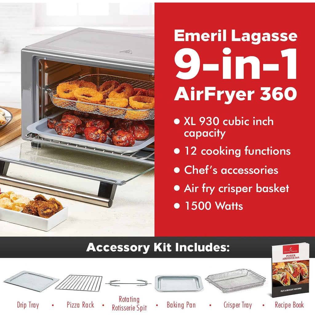 Emeril Lagasse Everyday 360 Stainless Steel Air Fryer, 360° Quick Cook Technology, Xl Capacity, 9-In-1, 12 Pre-Set Cooking Functions Including Bake, Rotisserie, Broil, Pizza, Slow Cook, Toaster