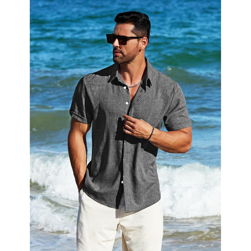 Men'S Linen Short Sleeve Button Down Shirt – Lightweight Breathable Summer Business Casual, Beach & Wedding Guest