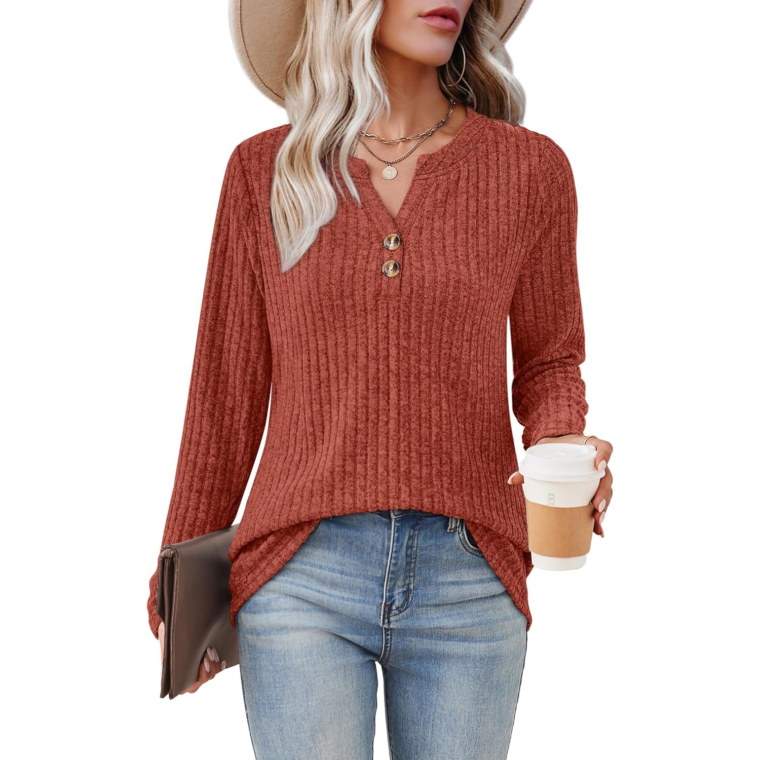 Womens Sweaters Lightweight Long Sleeve Shirts V Neck Tops with Button Fall Outfits 2025