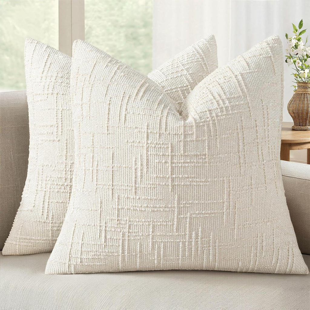 Miulee Textured Throw Pillow Covers Thick Chenille Decorative Pillows Cream White 18X18 Inch Set Of 2 Modern Boho Farmhouse Home Decor Neutral Cushion Covers For Couch Sofa Living Room Bedroom