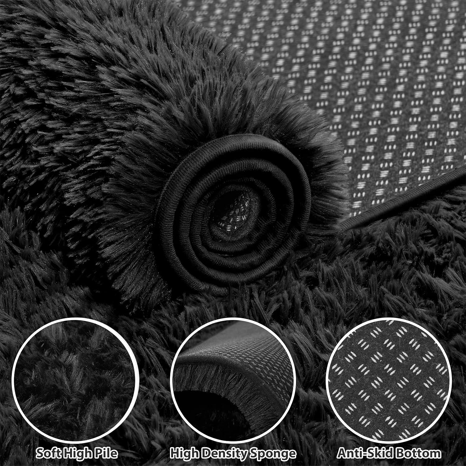 Area Rug For Living Room Bedroom: 5X7 Soft Fluffy Shag Rugs Upgrade Non-Slip High Pile Carpet Large Fuzzy Plush Indoor Floor Shaggy Carpets For Nursery Kid Playroom Office Dorms Home Decor Black