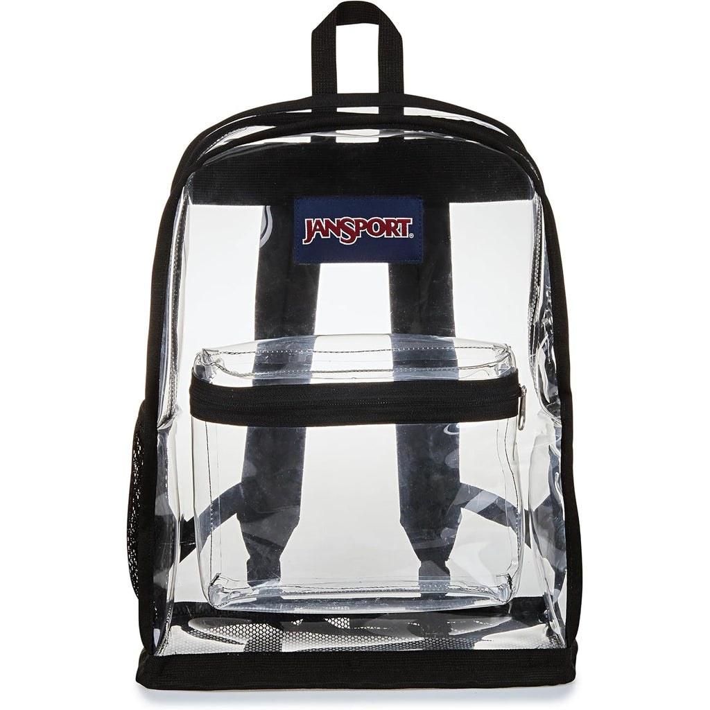 Jansport Clear Pack – 25.5L Transparent Backpack, Large Main Compartment, Side Water Bottle Pocket, Front Zippered Pocket, Mesh Bottom Panel, Clear