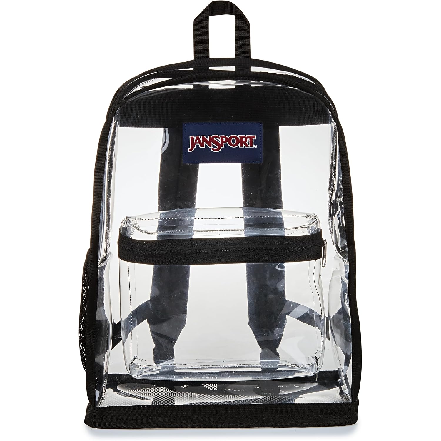 Jansport Clear Pack – 25.5L Transparent Backpack, Large Main Compartment, Side Water Bottle Pocket, Front Zippered Pocket, Mesh Bottom Panel, Clear