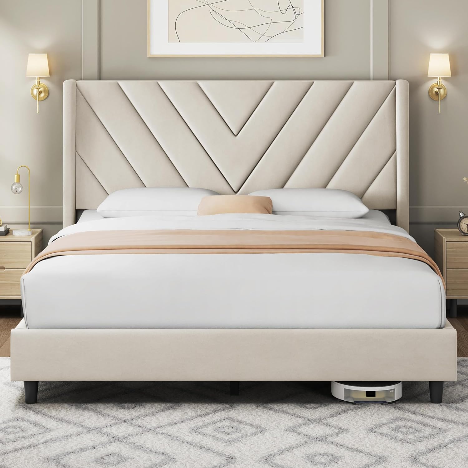 Yaheetech Queen Bed Frame With Chevron Channel-Tufted Headboard, Beige